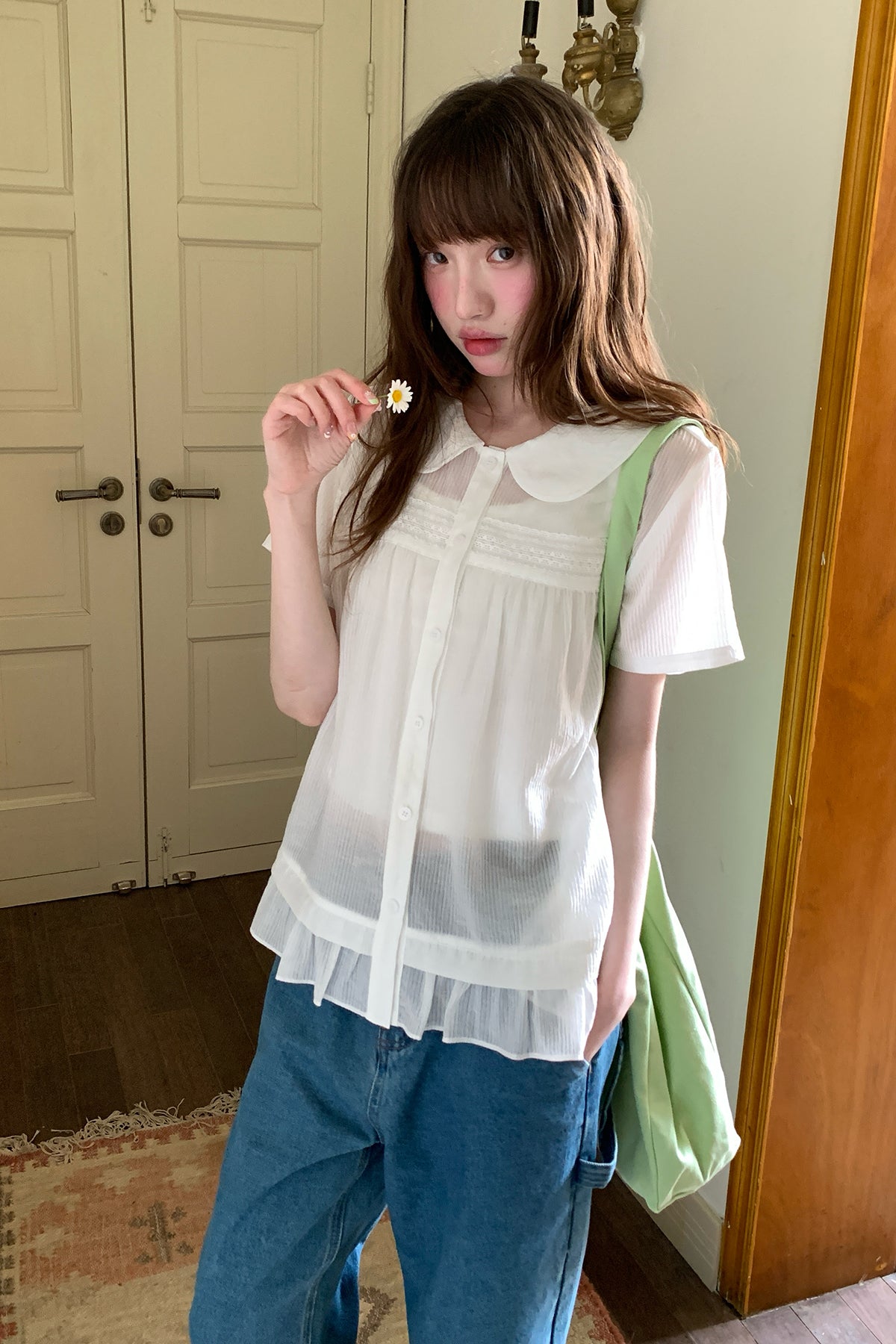 RAINY韓系カジュアルフリル薄手シャツ26SA43769X