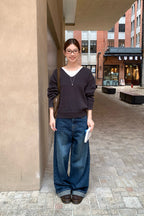 RAINY シンプルで着回しやすいロールアップ裾ステッチ入りワイドデニムパンツ 26WB23998X