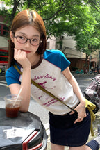 RAINYプリントクラッシュカラーパッチワークラグランスリーブTシャツ26SA23765Y