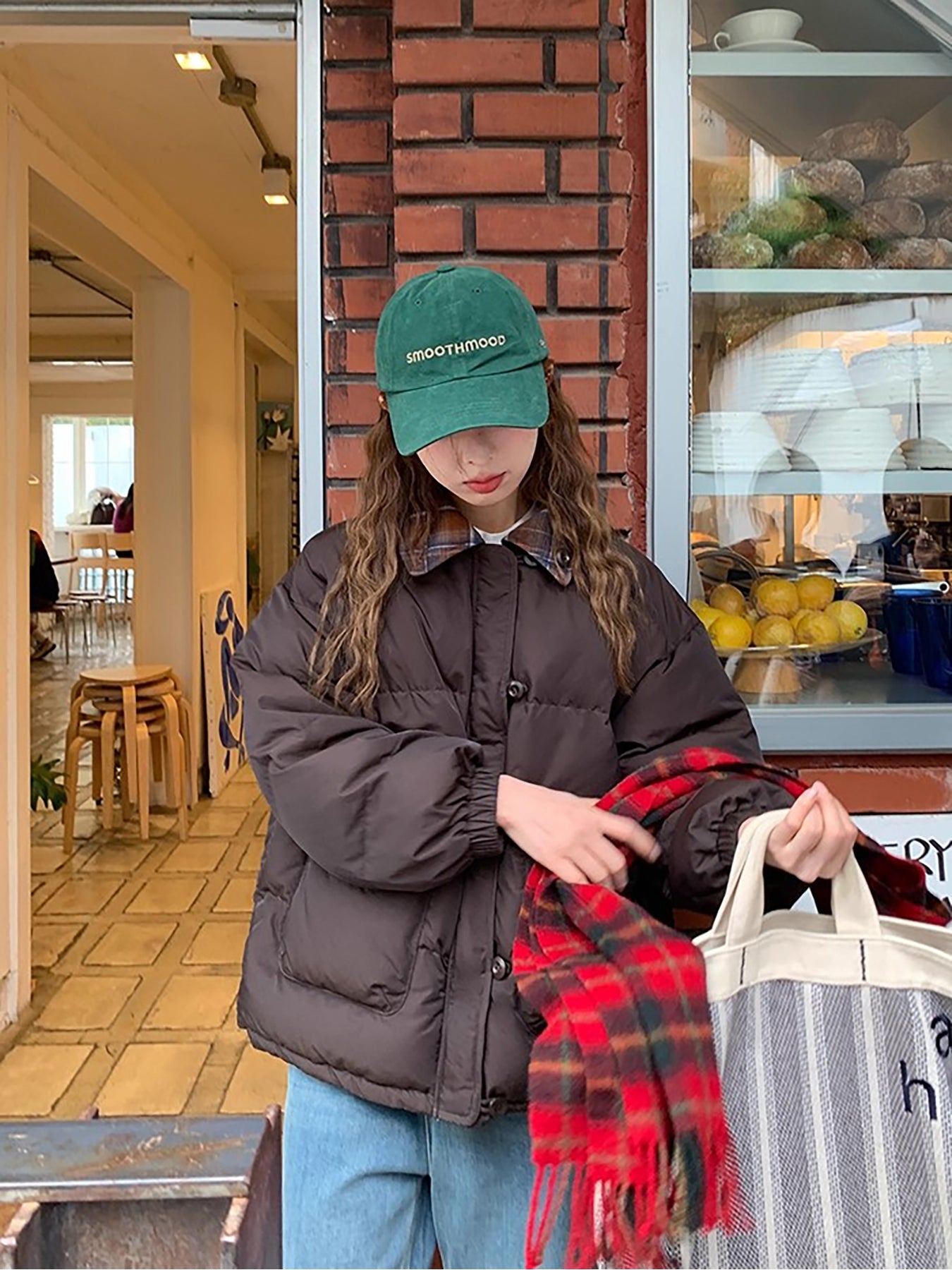 RAINY 短款设计感拼接格纹翻领棉服冬季女韩系宽松棉衣保暖外套