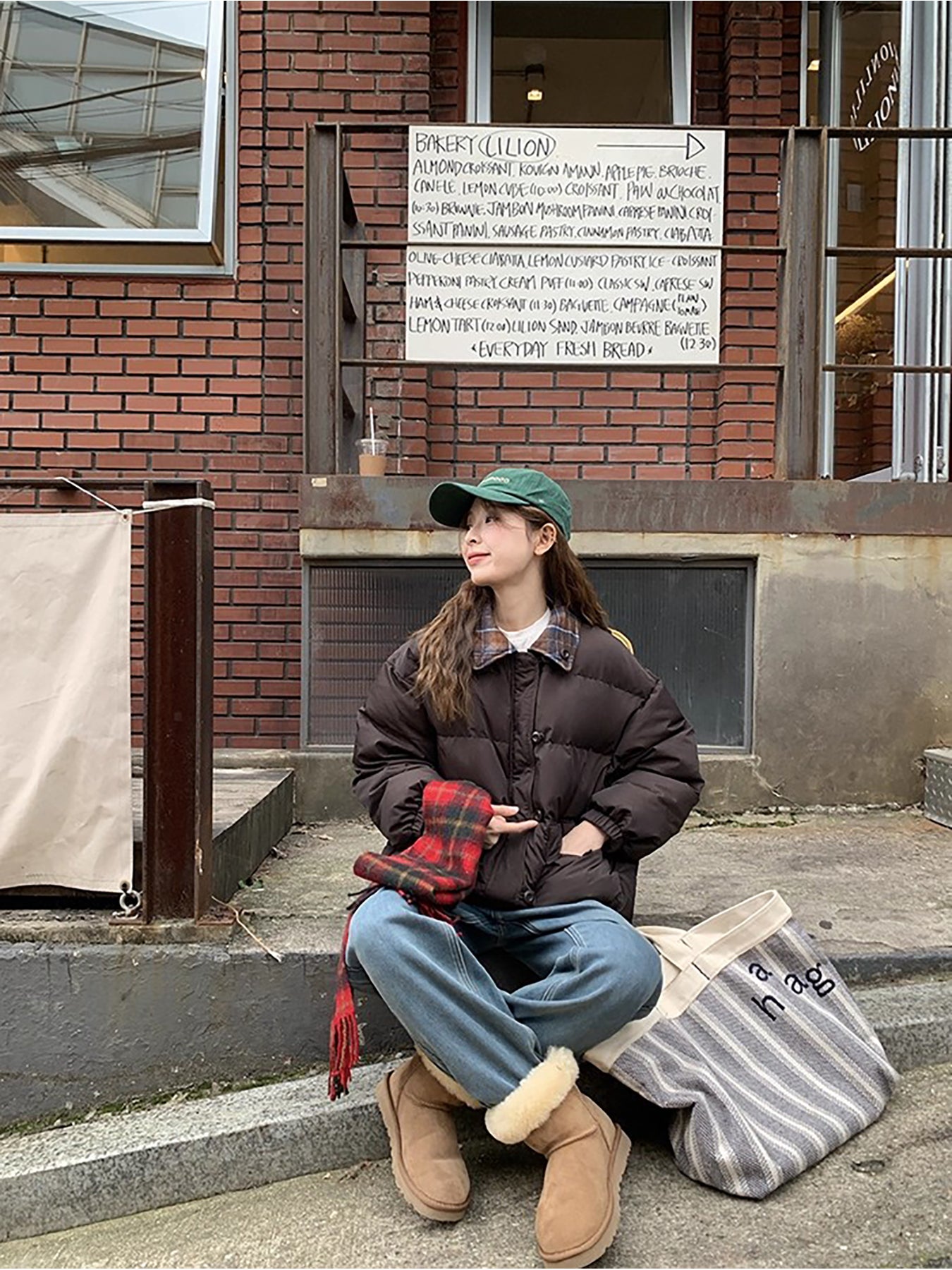 RAINY 短款设计感拼接格纹翻领棉服冬季女韩系宽松棉衣保暖外套