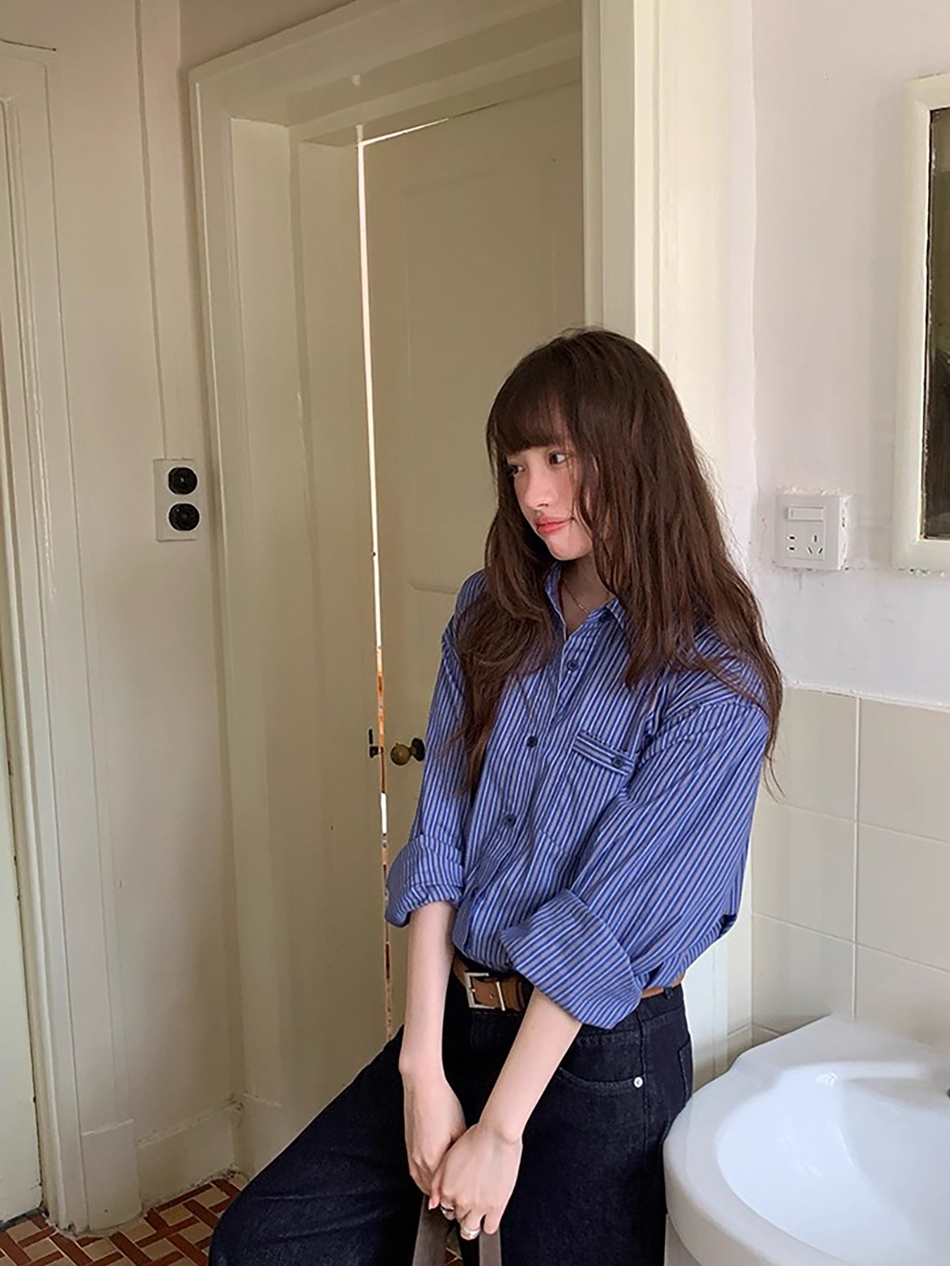 RAINY 韩系贴袋宽松落肩条纹长袖衬衫春秋女百搭复古蓝色衬衣上衣