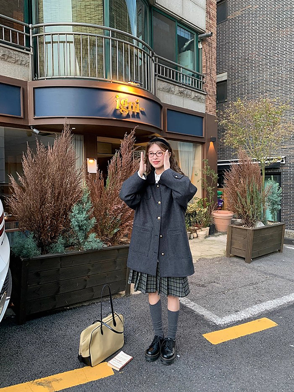 RAINY 韩系拼色人字纹翻领大衣女冬季高级感宽松中长款毛呢外套