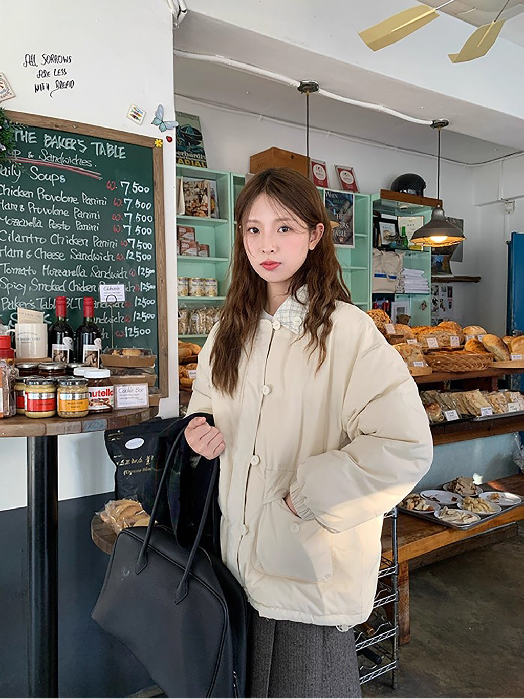 RAINY 短款设计感拼接格纹翻领棉服冬季女韩系宽松棉衣保暖外套