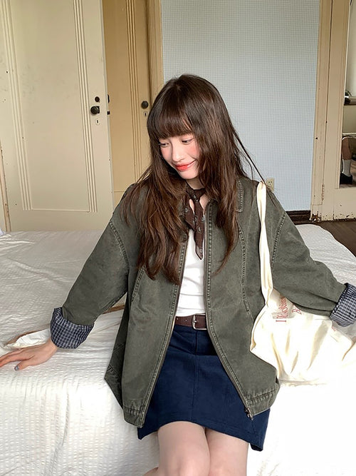 RAINY 复古做旧宽松翻领洗水夹克春秋女美式酷飒工装百搭拉链外套