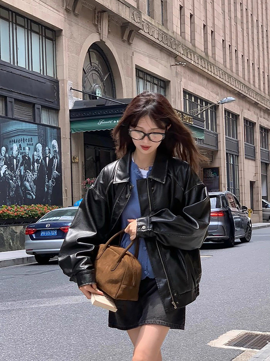 RAINY酷飒美拉德复古擦色做旧棕色皮衣女春秋机车美式夹克短外套