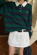 RAINY 칼리지풍 오픈칼라 올인원 스트라이프 폴로 셔츠 24FA62781T