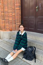 RAINY 칼리지풍 오픈칼라 올인원 스트라이프 폴로 셔츠 24FA62781T