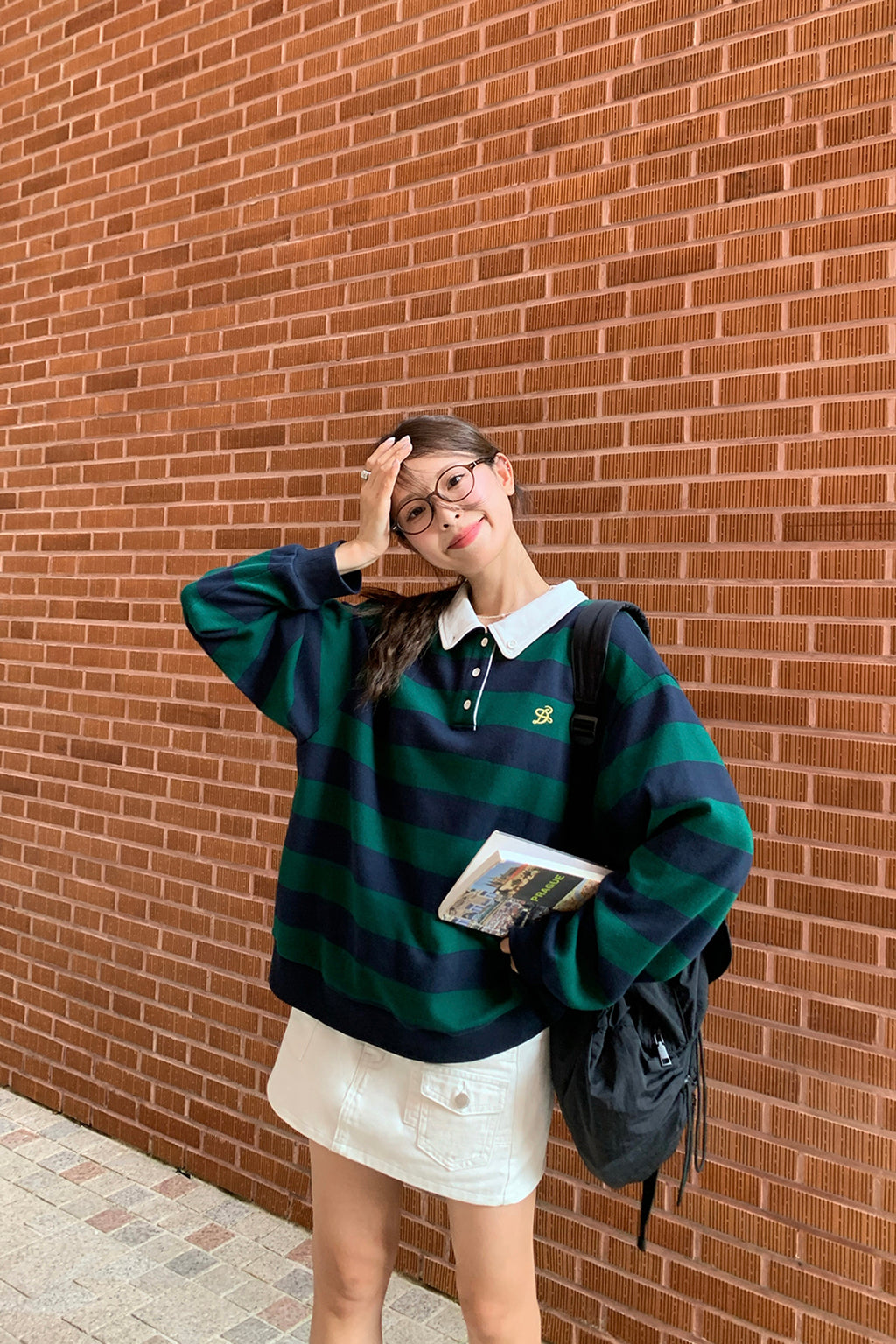 RAINY 칼리지풍 오픈칼라 올인원 스트라이프 폴로 셔츠 24FA62781T