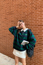 RAINY 칼리지풍 오픈칼라 올인원 스트라이프 폴로 셔츠 24FA62781T