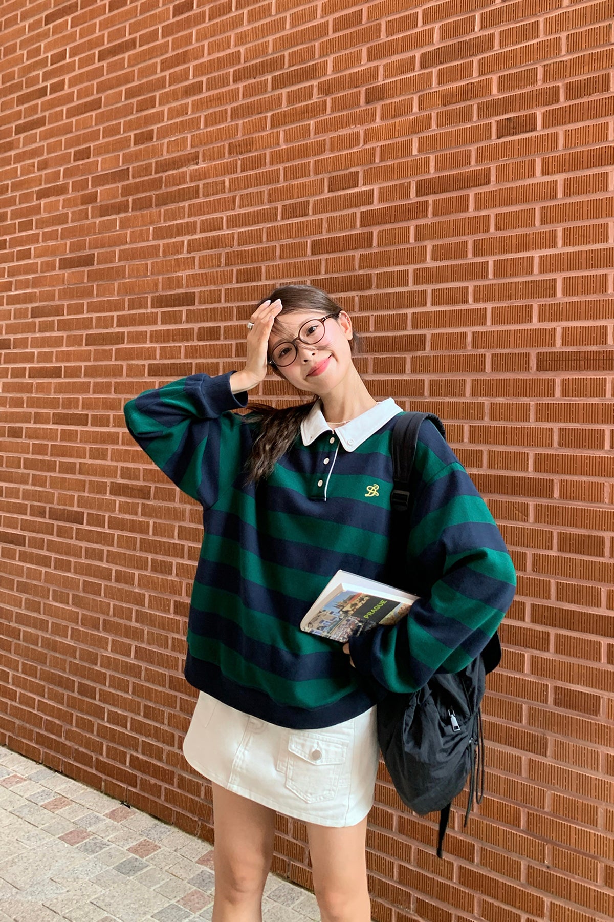 RAINY 칼리지풍 오픈칼라 올인원 스트라이프 폴로 셔츠 24FA62781T