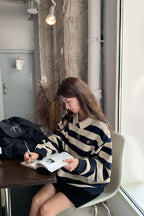 RAINY 칼리지풍 오픈칼라 올인원 스트라이프 폴로 셔츠 24FA62781T