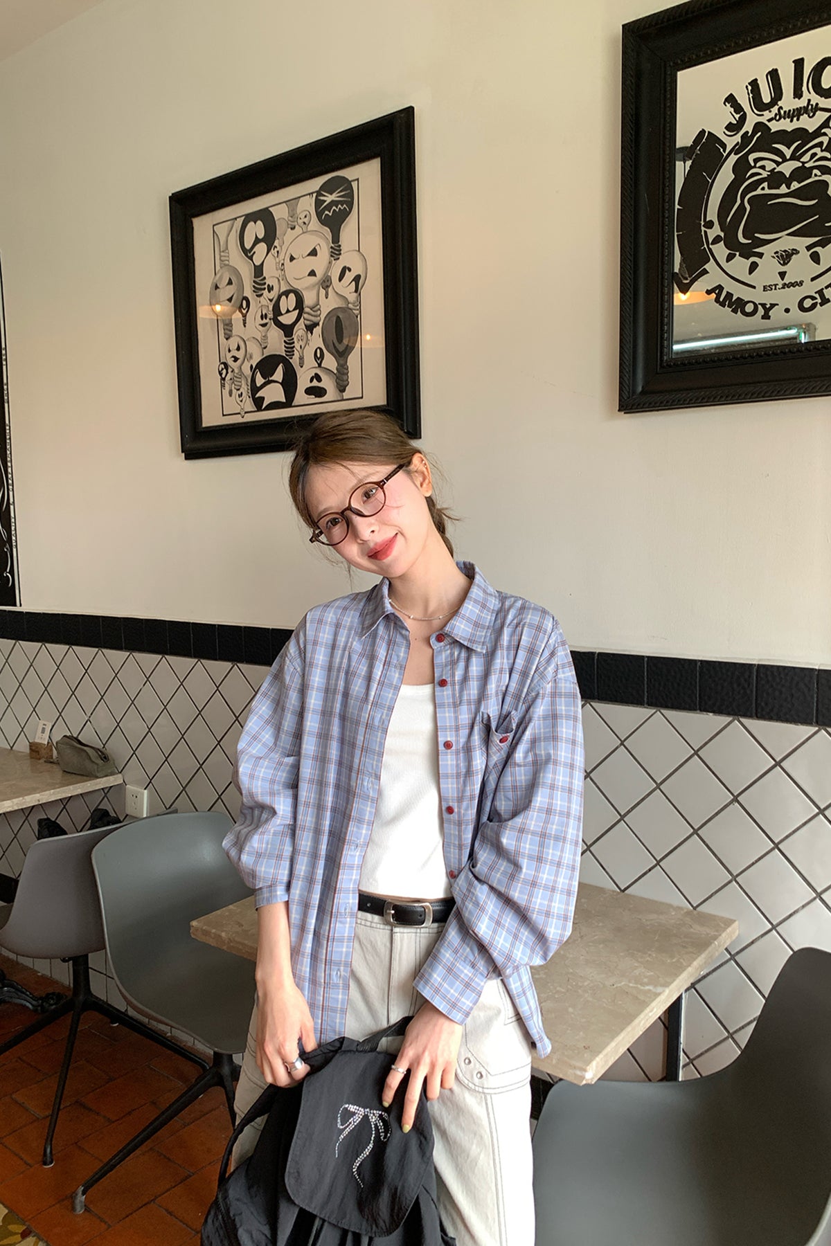 RAINY レトロドロップショルダーゆったりチェックシャツ女性 25SA43072Y