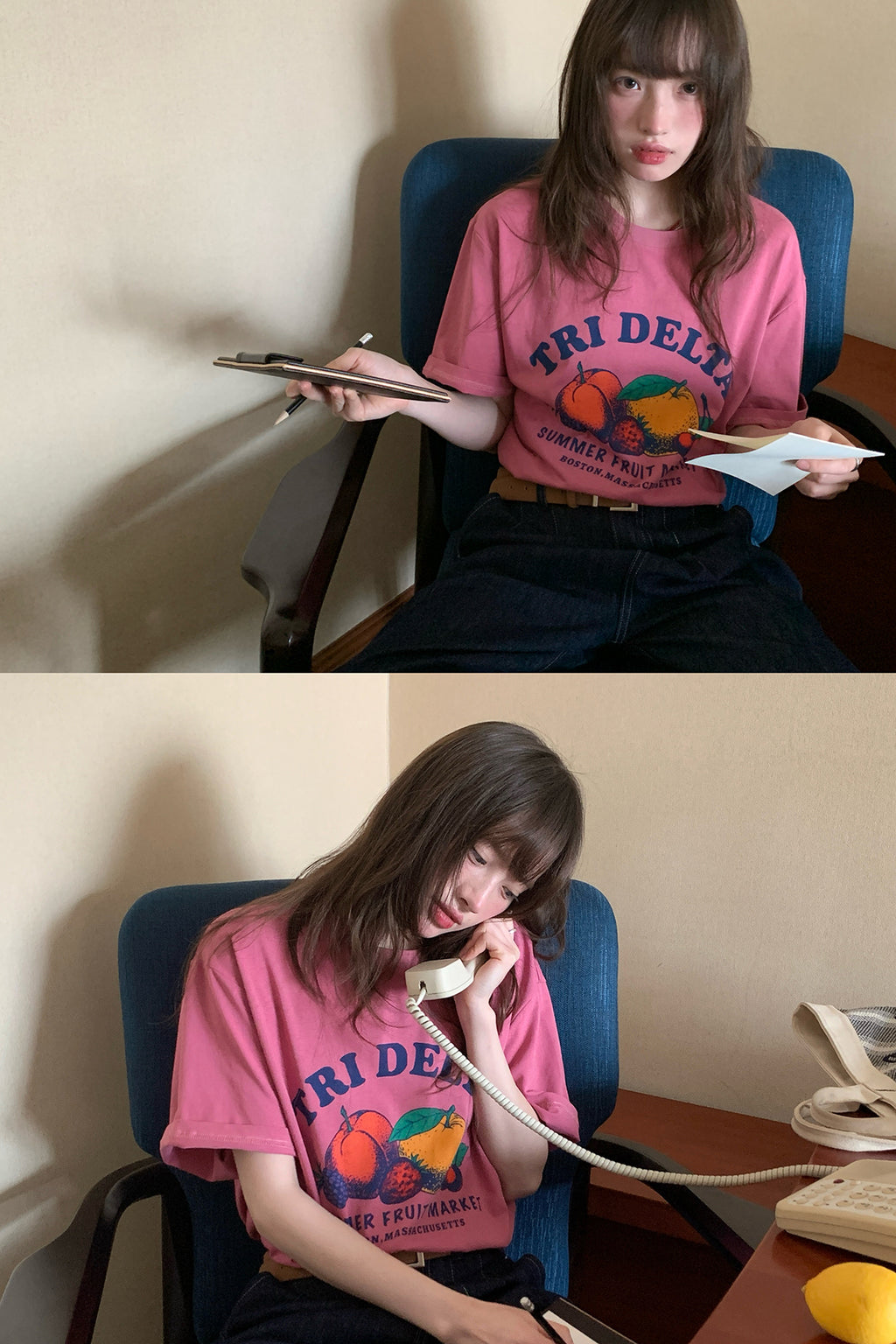 RAINY 여유로운 여름 느낌 과일 알파벳 프린트 티셔츠 25SA23174C