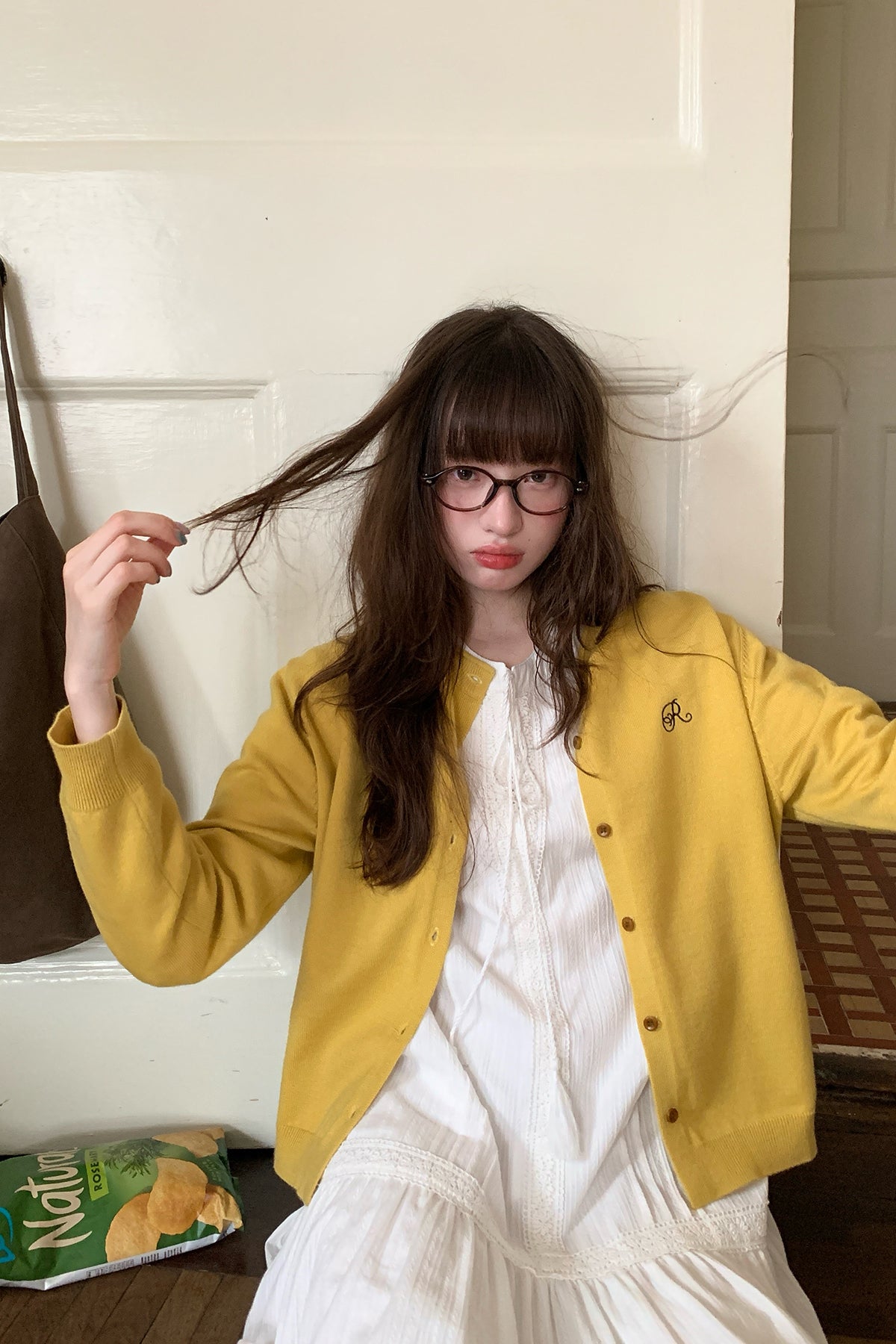 RAINYクルーネック速くて快適なピュアカラーニットカーディガン25FG23352Y