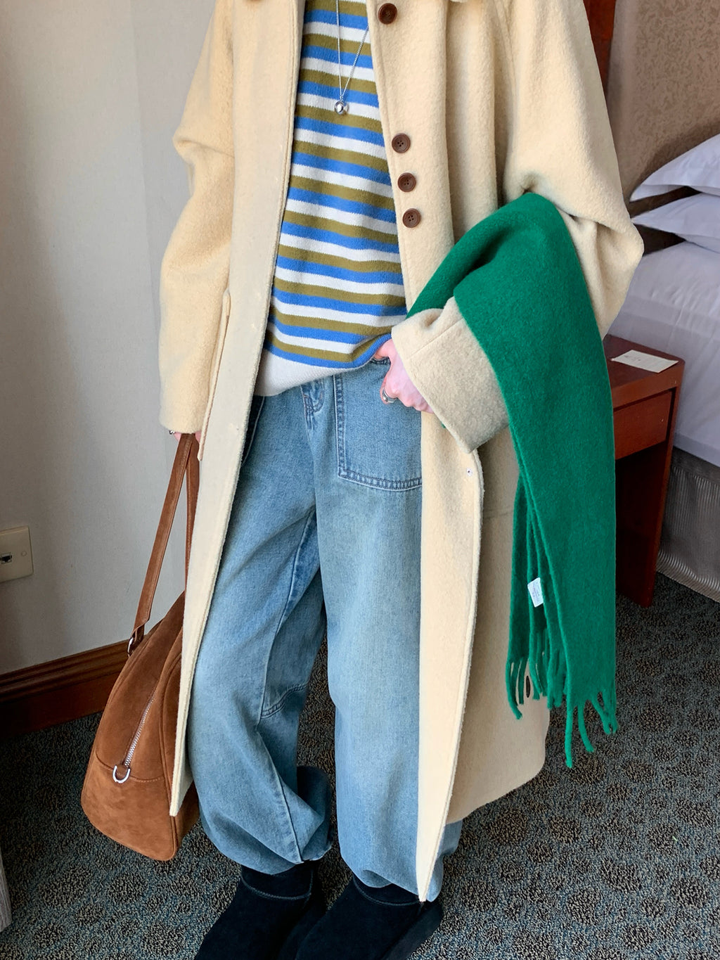 RAINY 万能ルーズフィットジーンズ（トップステッチポケット付き）、秋冬レディースアメリカンスタイルレトロハイウエストワイドレッグパンツ