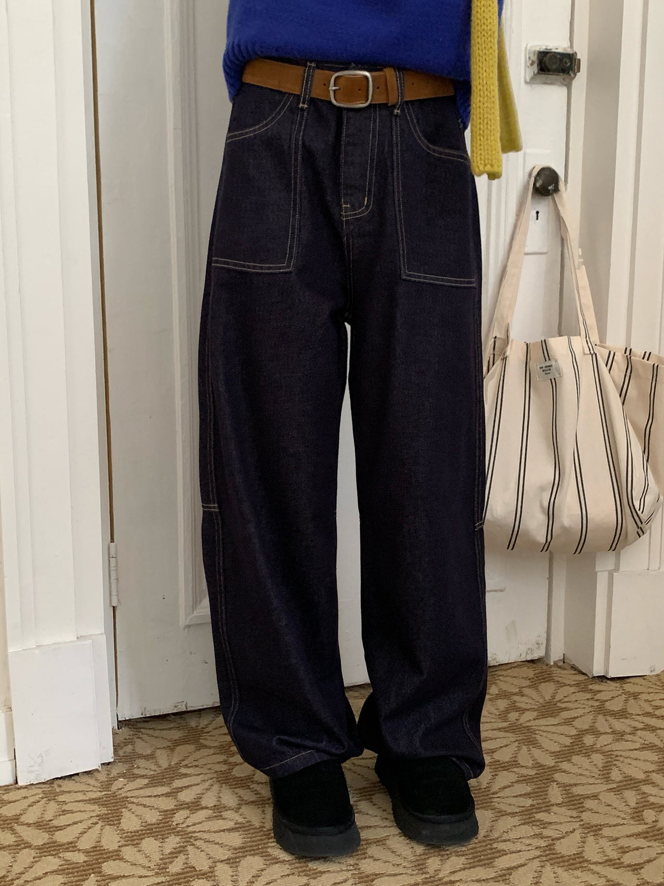 RAINY 万能ルーズフィットジーンズ（トップステッチポケット付き）、秋冬レディースアメリカンスタイルレトロハイウエストワイドレッグパンツ