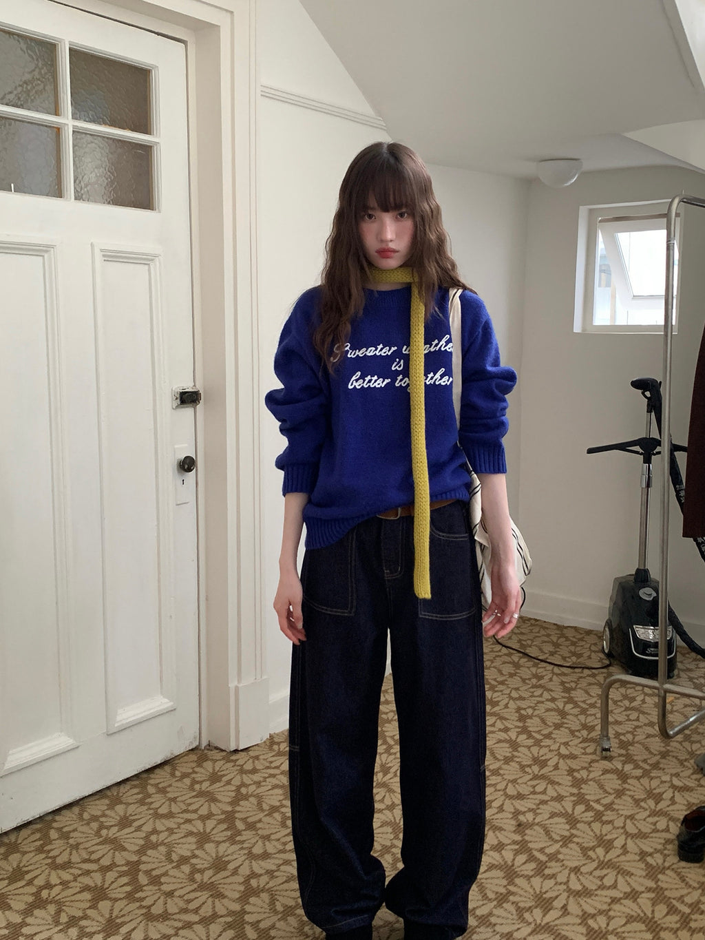 RAINY 万能ルーズフィットジーンズ（トップステッチポケット付き）、秋冬レディースアメリカンスタイルレトロハイウエストワイドレッグパンツ