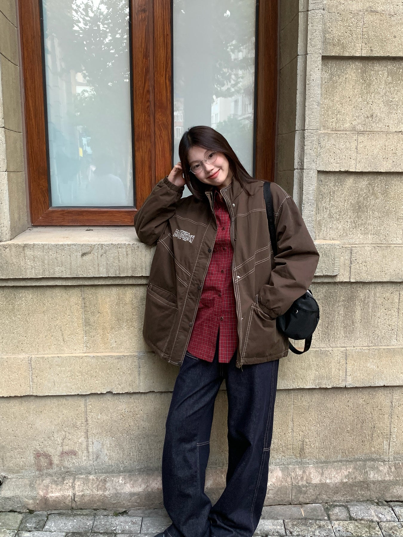 RAINY 万能ルーズフィットジーンズ（トップステッチポケット付き）、秋冬レディースアメリカンスタイルレトロハイウエストワイドレッグパンツ