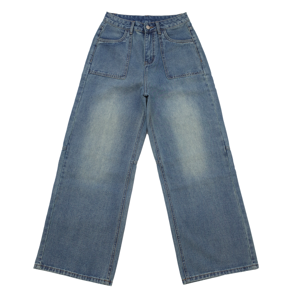 RAINY 万能ルーズフィットジーンズ（トップステッチポケット付き）、秋冬レディースアメリカンスタイルレトロハイウエストワイドレッグパンツ