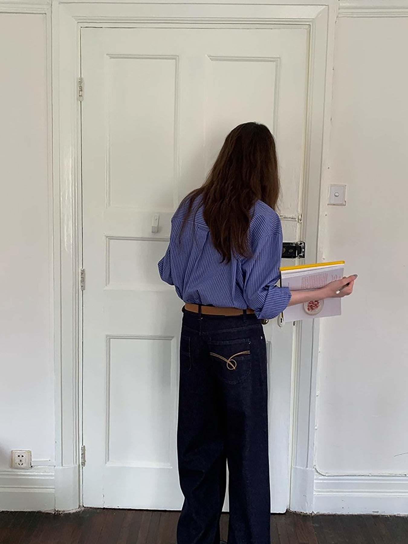 RAINY 韩系贴袋宽松落肩条纹长袖衬衫春秋女百搭复古蓝色衬衣上衣