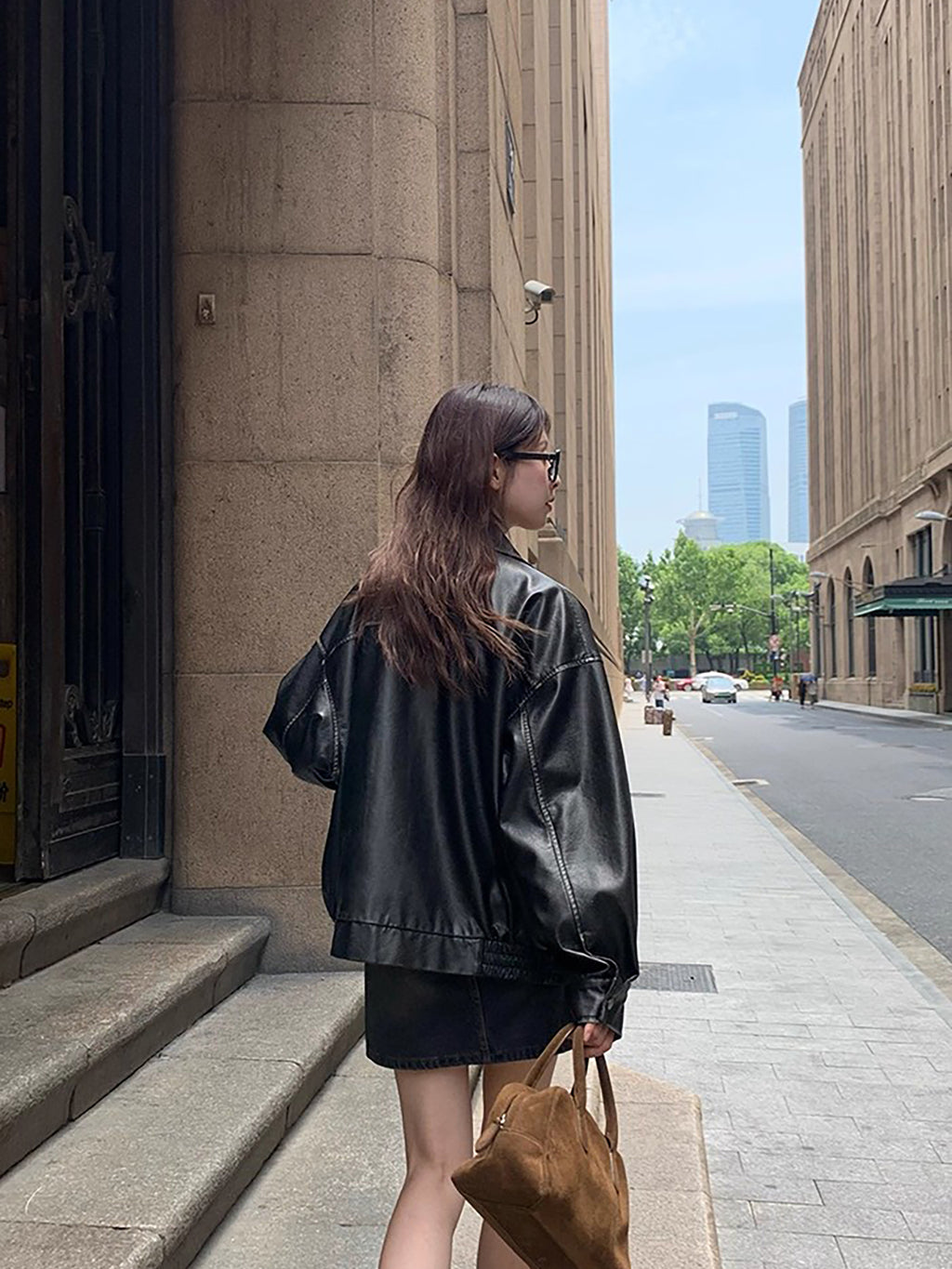 RAINY酷飒美拉德复古擦色做旧棕色皮衣女春秋机车美式夹克短外套