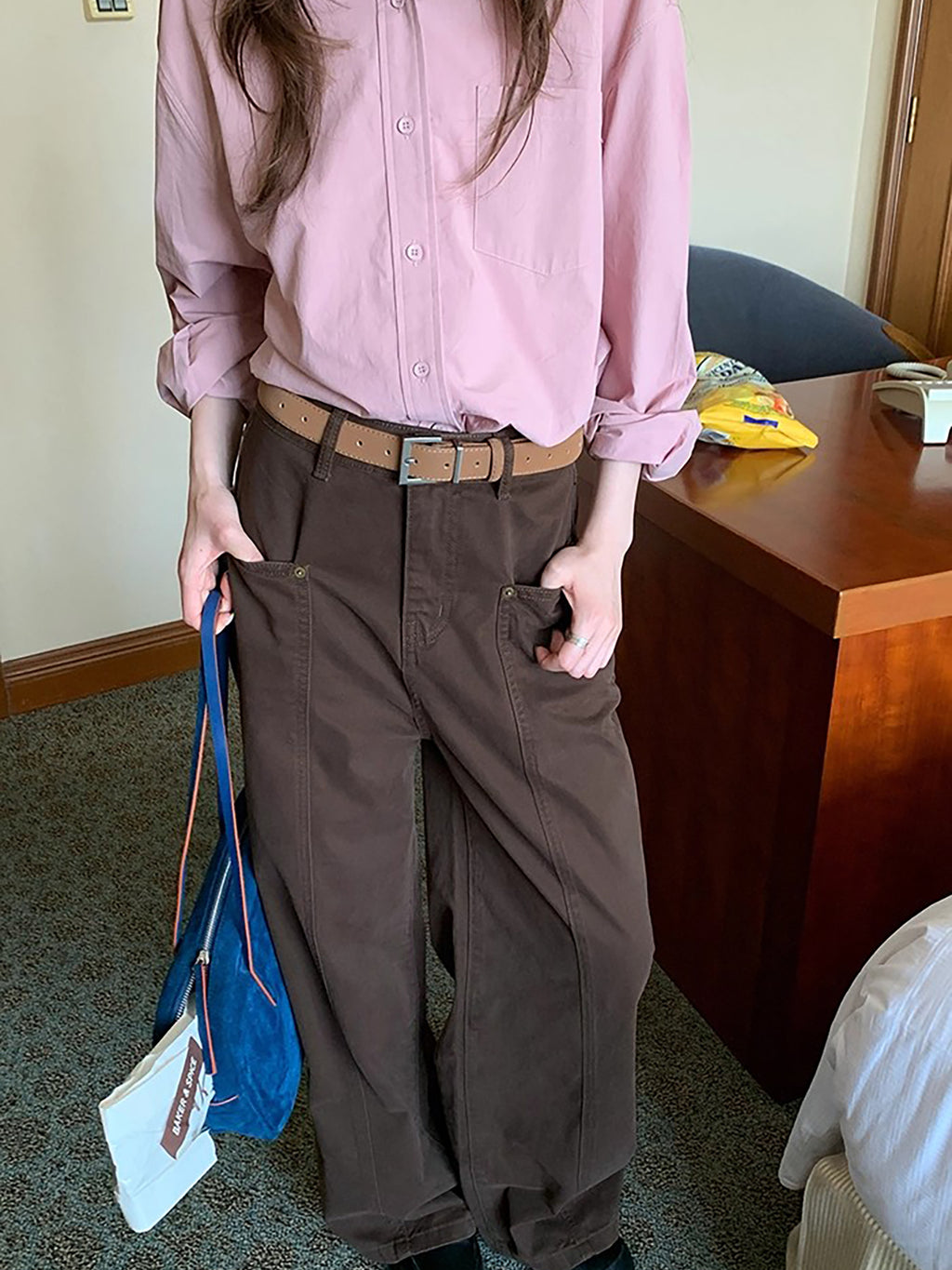 RAINY カーゴポケット クラシックストレートレッグ 万能スプリットジーンズ 春秋用 レディース レトロ ハイウエスト ルーズパンツ