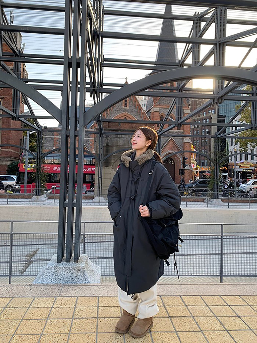 RAINY 韩系毛领连帽牛角扣羽绒服冬季女长款90白鸭绒纯色保暖外套