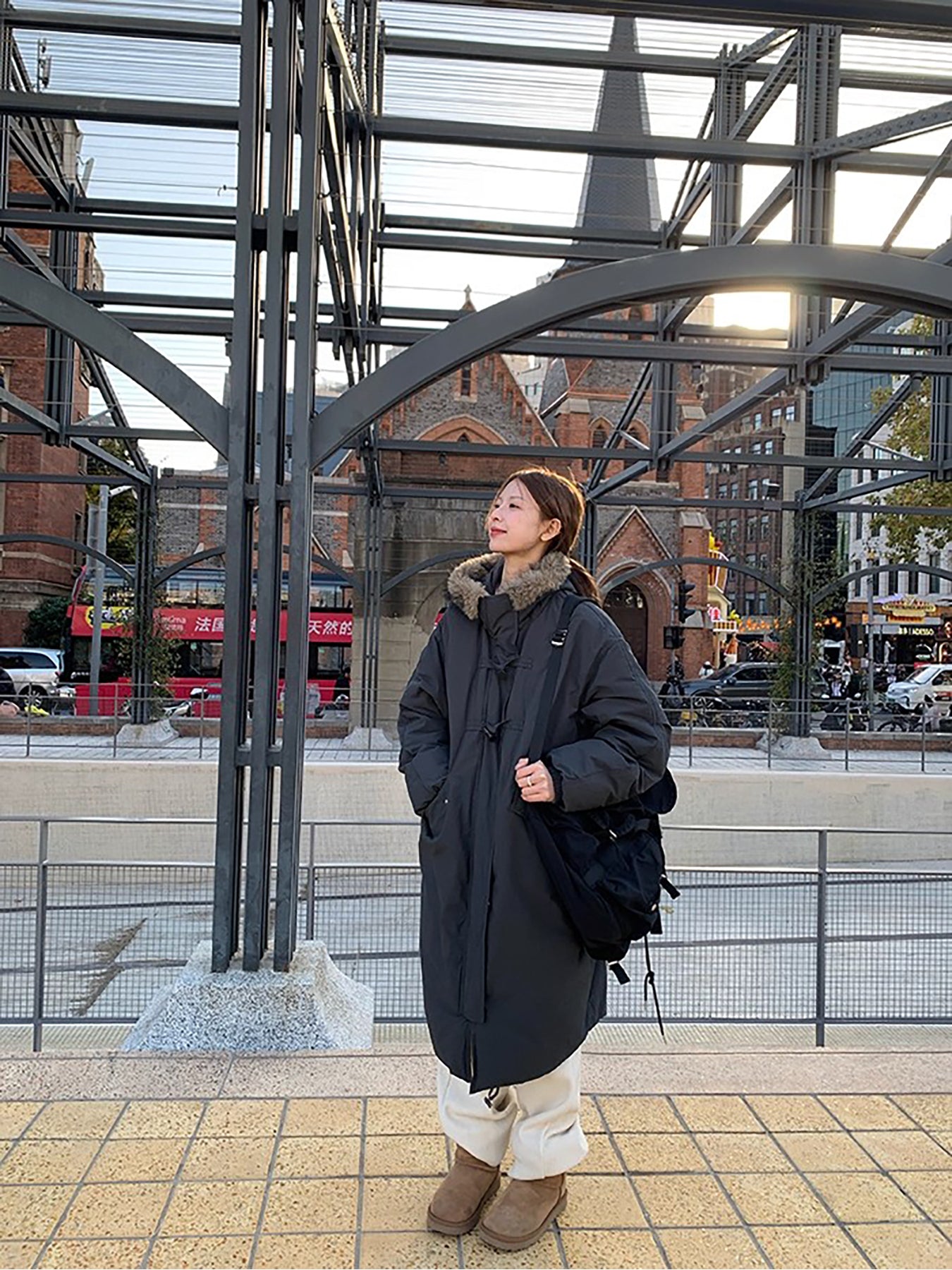 RAINY 韩系毛领连帽牛角扣羽绒服冬季女长款90白鸭绒纯色保暖外套