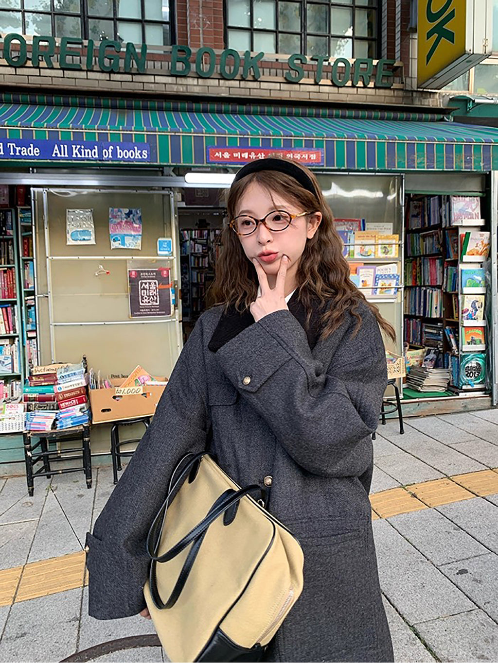 RAINY 韩系拼色人字纹翻领大衣女冬季高级感宽松中长款毛呢外套