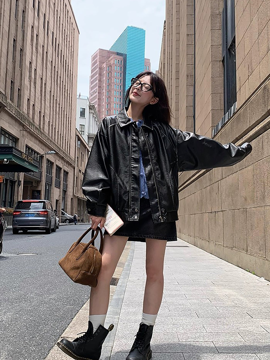 RAINY酷飒美拉德复古擦色做旧棕色皮衣女春秋机车美式夹克短外套