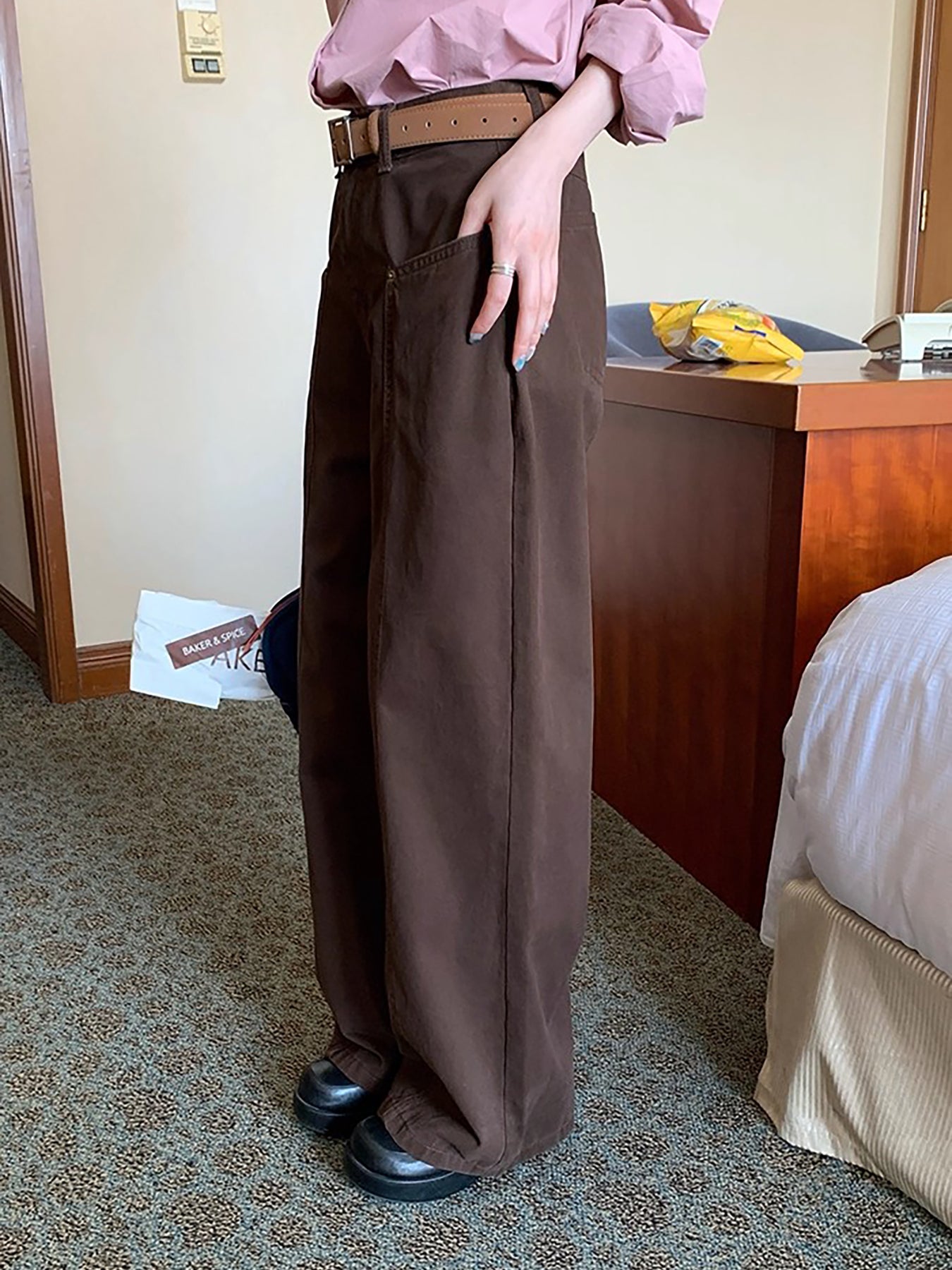 RAINY 工装口袋经典直筒百搭分割牛仔裤春秋女复古高腰宽松裤子