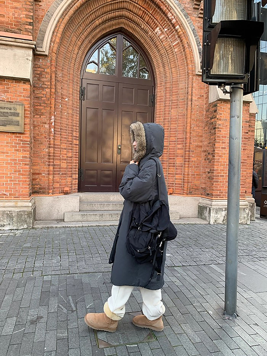 RAINY 韩系毛领连帽牛角扣羽绒服冬季女长款90白鸭绒纯色保暖外套