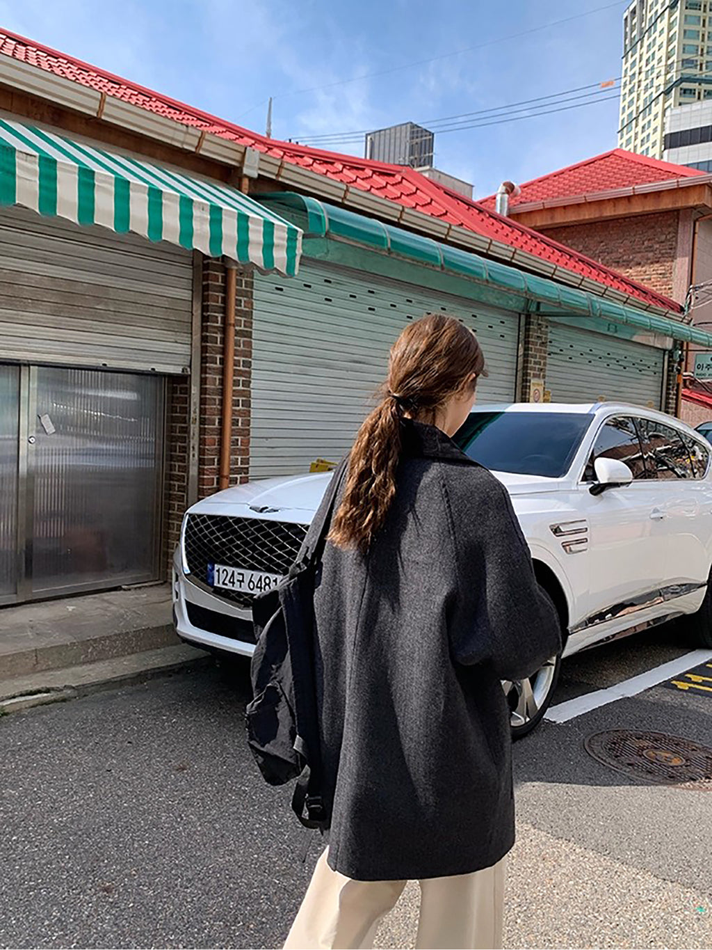 RAINY 韩系拼色人字纹翻领大衣女冬季高级感宽松中长款毛呢外套