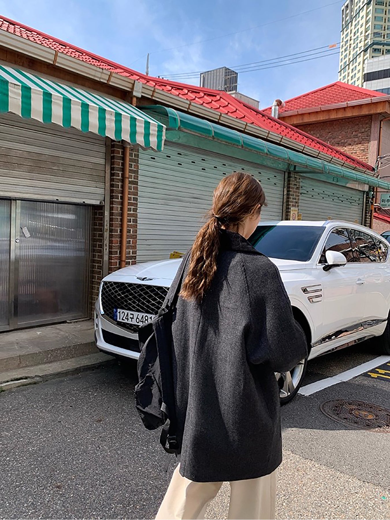 RAINY 韩系拼色人字纹翻领大衣女冬季高级感宽松中长款毛呢外套