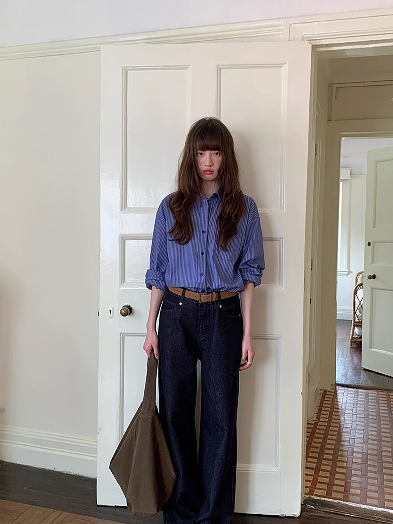 RAINY 韩系贴袋宽松落肩条纹长袖衬衫春秋女百搭复古蓝色衬衣上衣