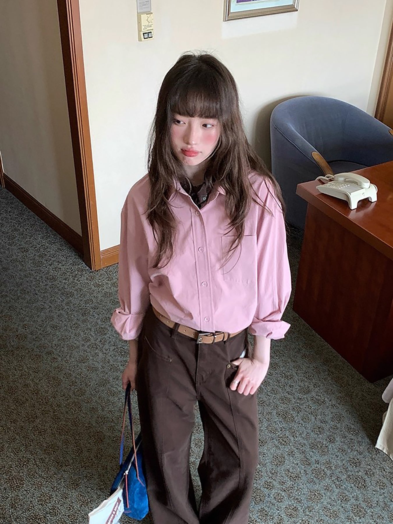 RAINY 工装口袋经典直筒百搭分割牛仔裤春秋女复古高腰宽松裤子