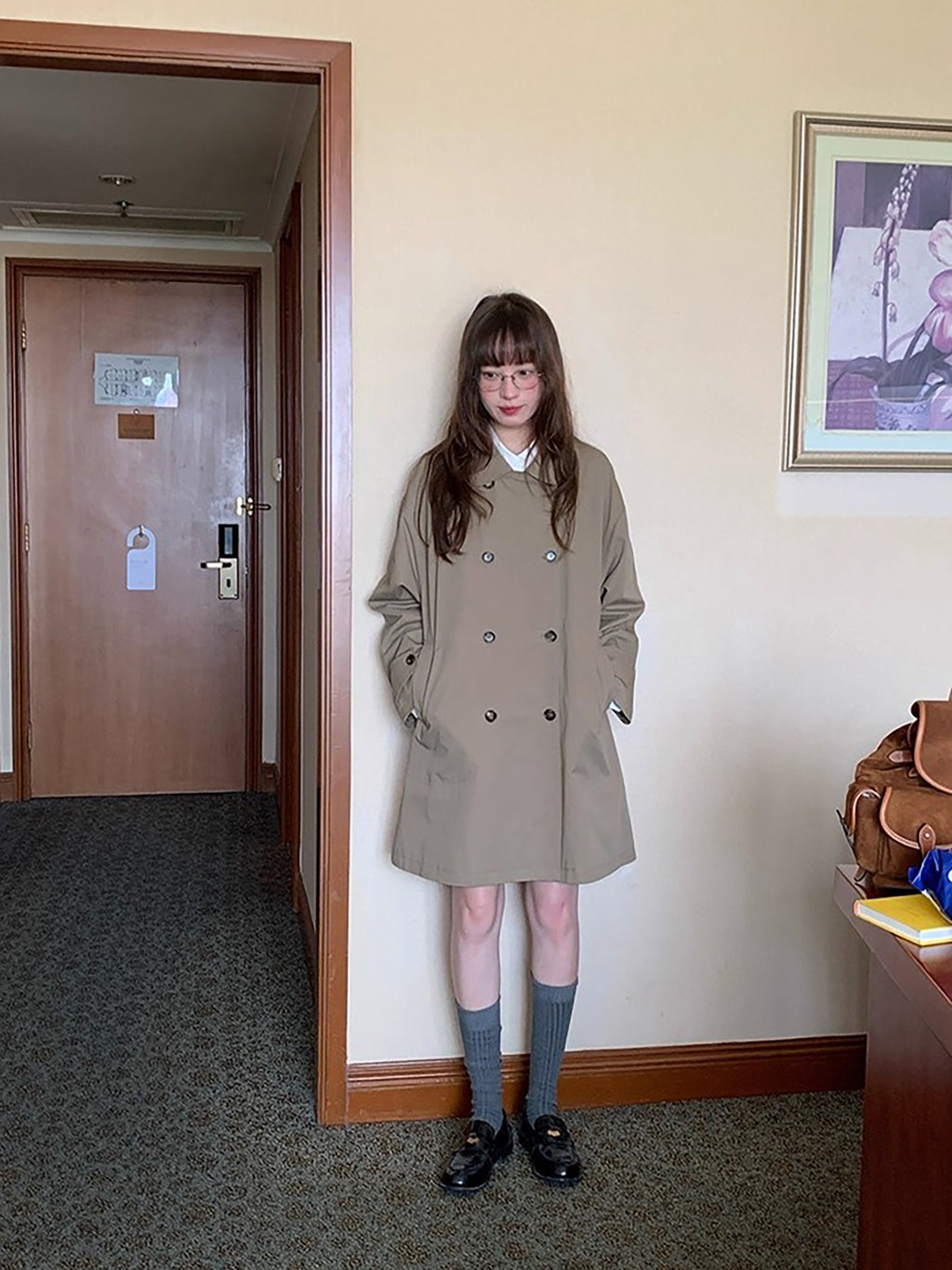 RAINY 韓国風デザイン ミドル丈 ピーターパンカラー トレンチコート レディース 春秋 ゆったりフィット ダブルブレスト 新スタイル ケープコート