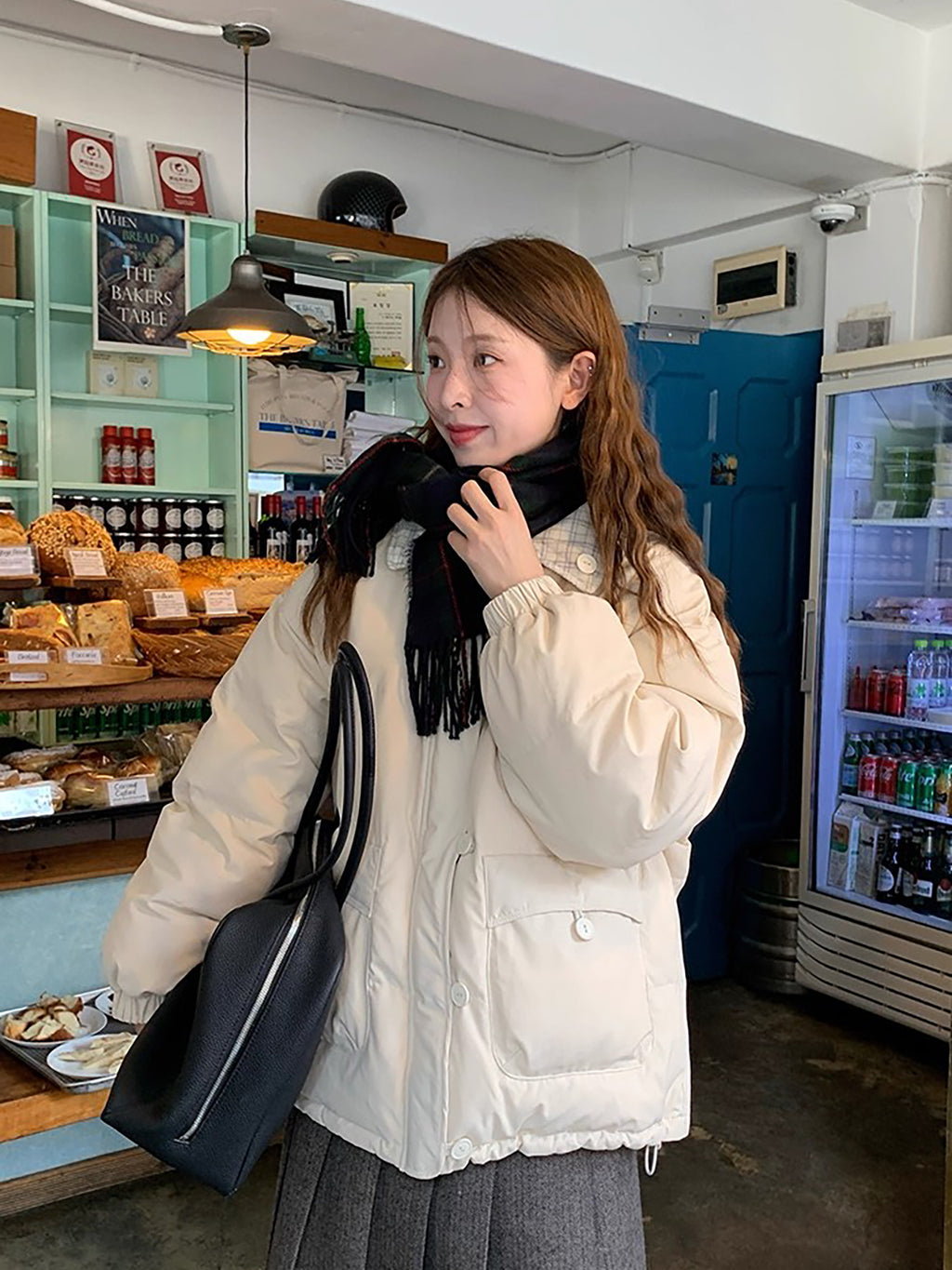 RAINY 短款设计感拼接格纹翻领棉服冬季女韩系宽松棉衣保暖外套