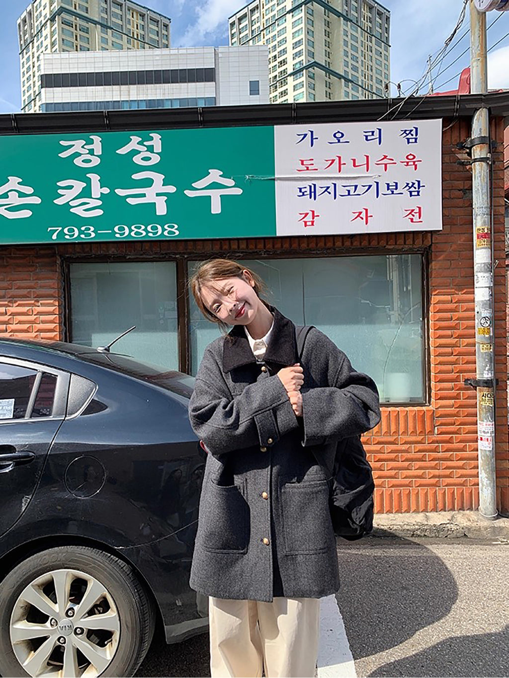 RAINY 韩系拼色人字纹翻领大衣女冬季高级感宽松中长款毛呢外套