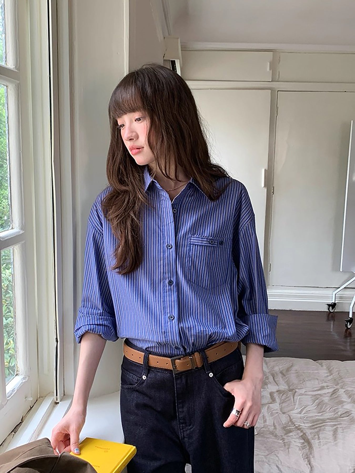 RAINY 韩系贴袋宽松落肩条纹长袖衬衫春秋女百搭复古蓝色衬衣上衣