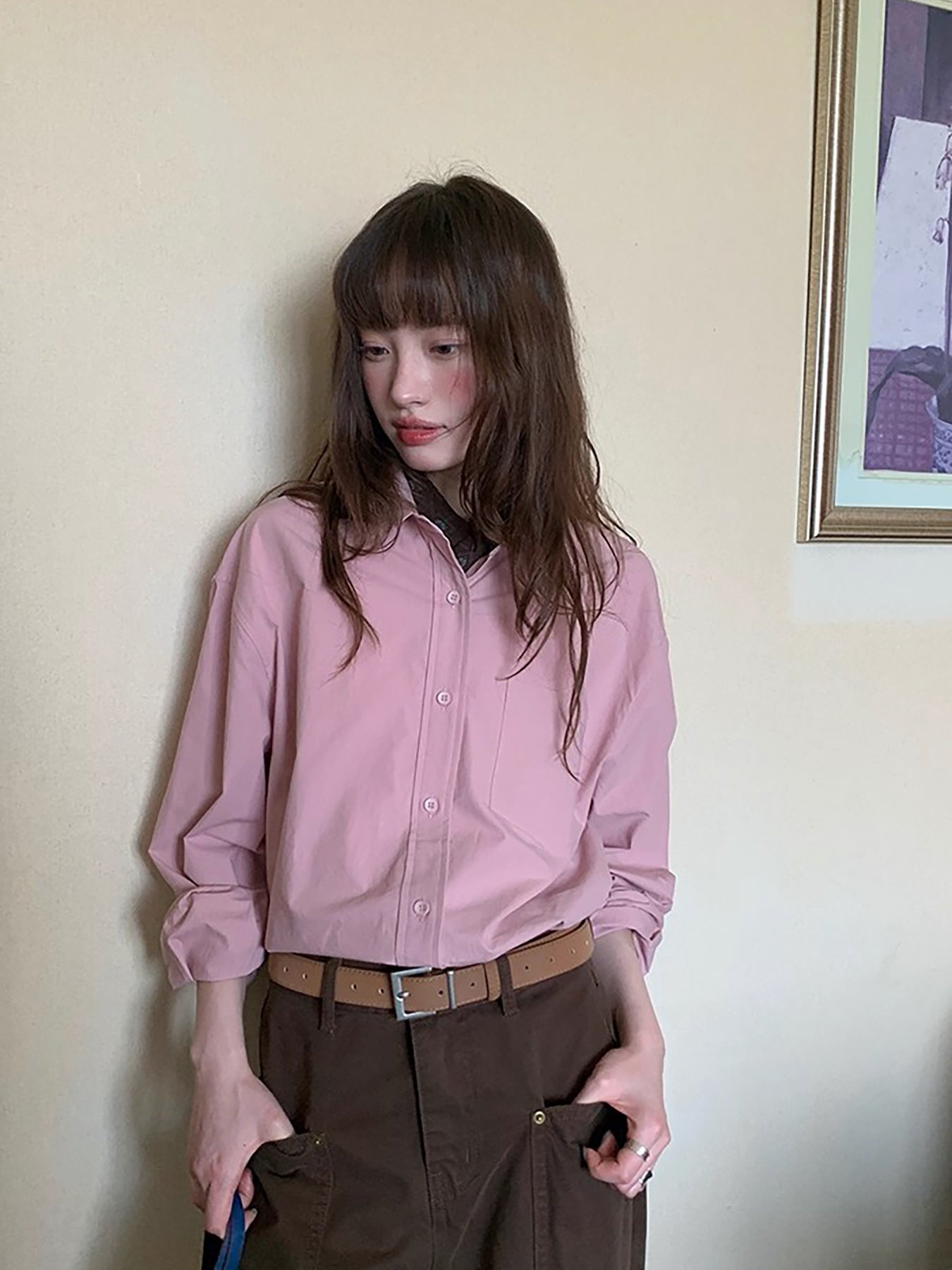 RAINY 经典纯色基础长袖衬衫春秋女翻领2025新款百搭文艺衬衣上衣