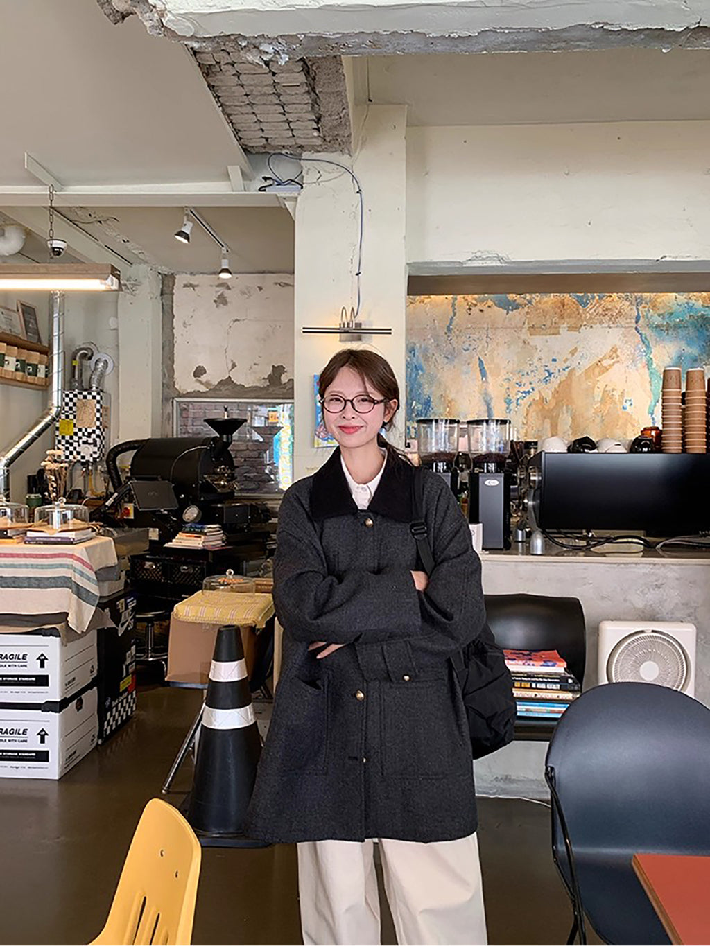 RAINY 韩系拼色人字纹翻领大衣女冬季高级感宽松中长款毛呢外套