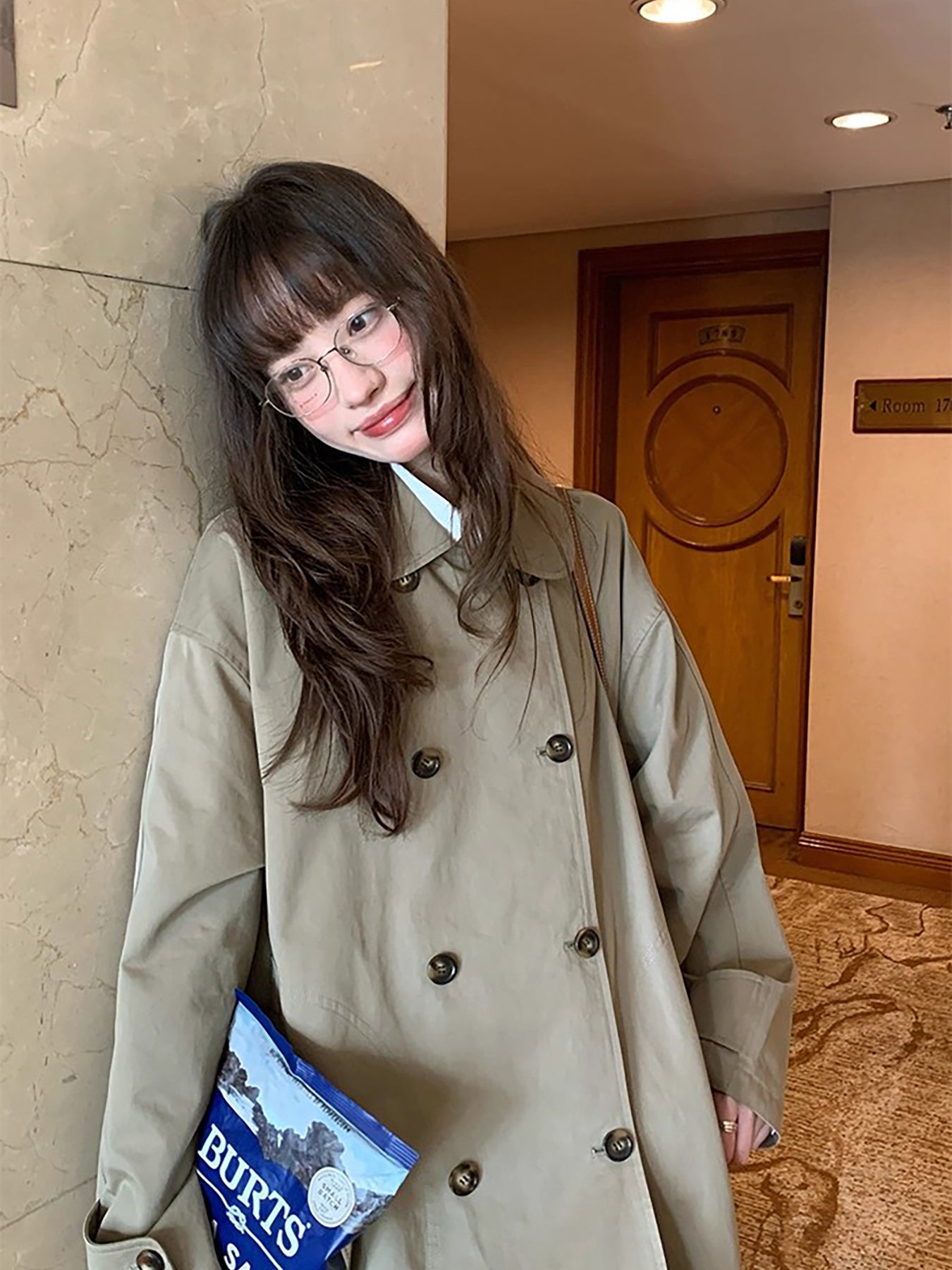 RAINY 韩系设计感中长款娃娃领风衣春秋女宽松双排扣新款斗篷外套