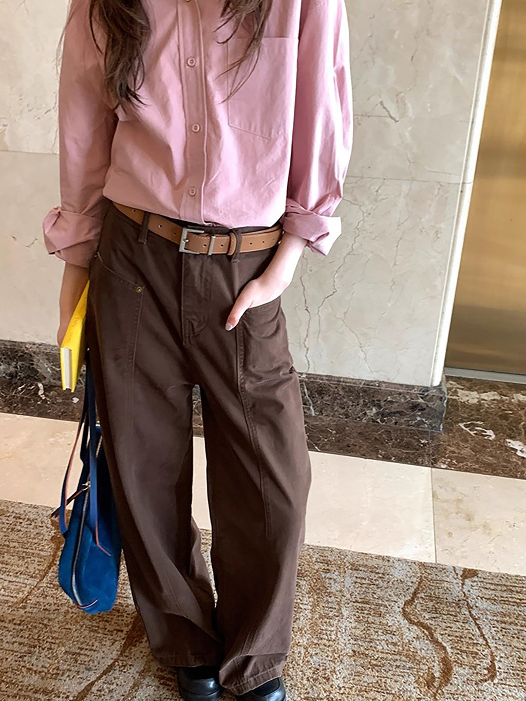 RAINY カーゴポケット クラシックストレートレッグ 万能スプリットジーンズ 春秋用 レディース レトロ ハイウエスト ルーズパンツ