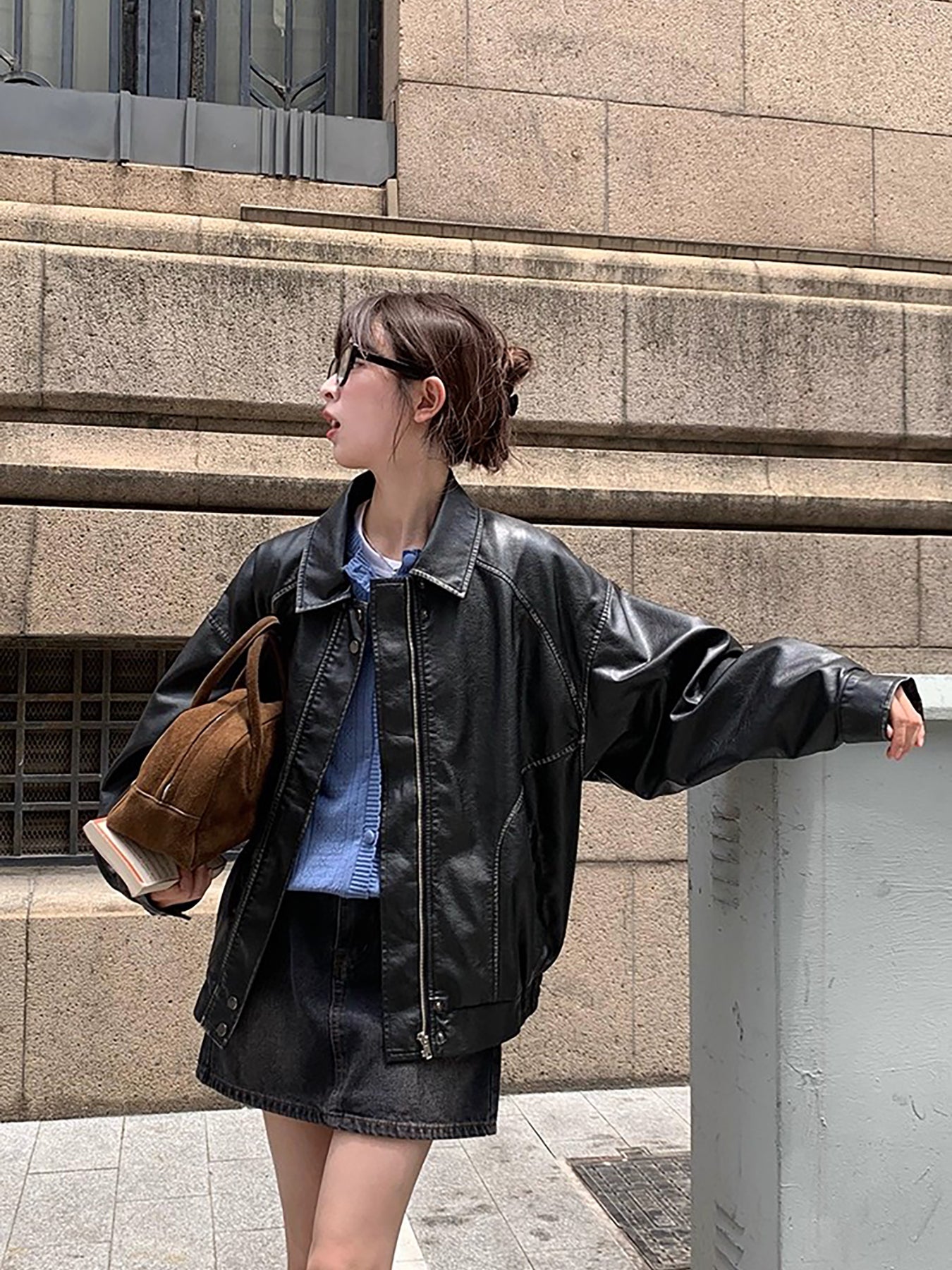 RAINY酷飒美拉德复古擦色做旧棕色皮衣女春秋机车美式夹克短外套