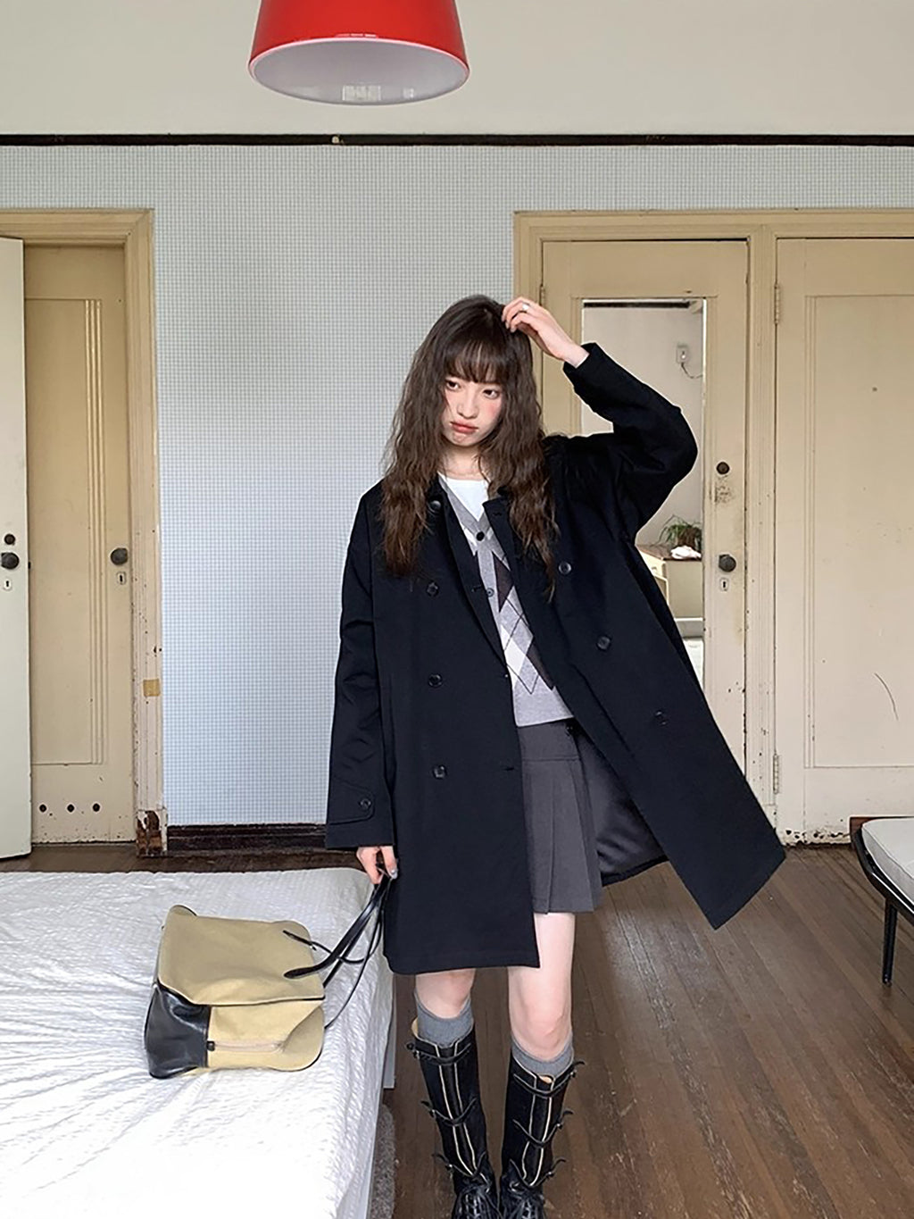 RAINY 韓国風デザイン ミドル丈 ピーターパンカラー トレンチコート レディース 春秋 ゆったりフィット ダブルブレスト 新スタイル ケープコート