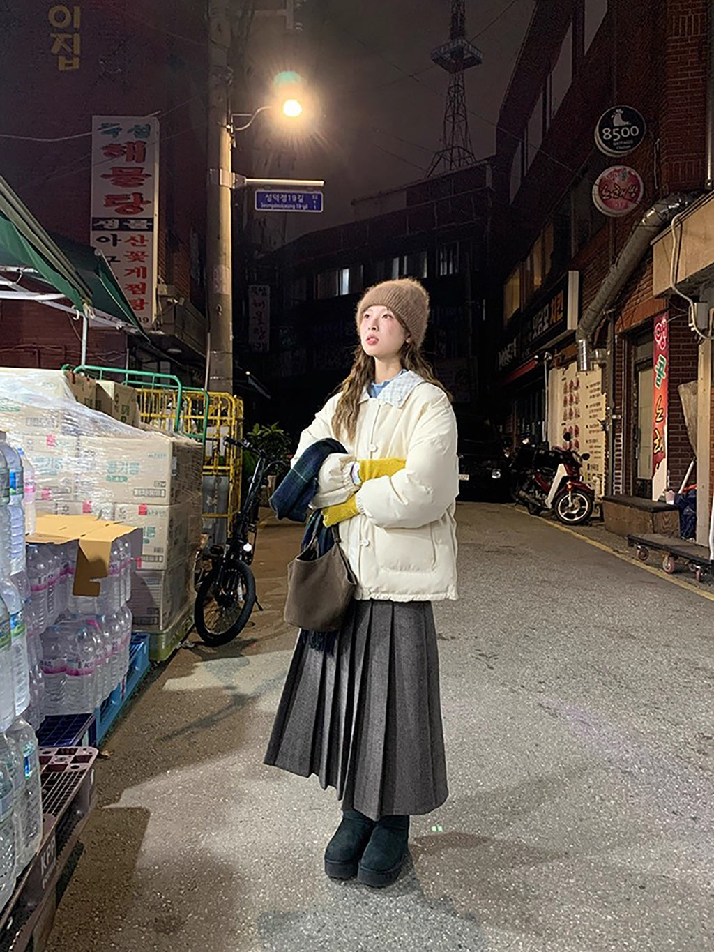 RAINY 短款设计感拼接格纹翻领棉服冬季女韩系宽松棉衣保暖外套