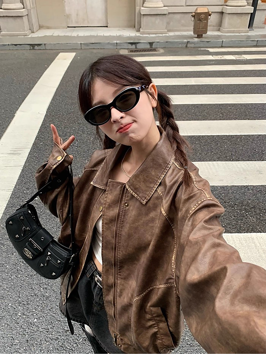 RAINY酷飒美拉德复古擦色做旧棕色皮衣女春秋机车美式夹克短外套