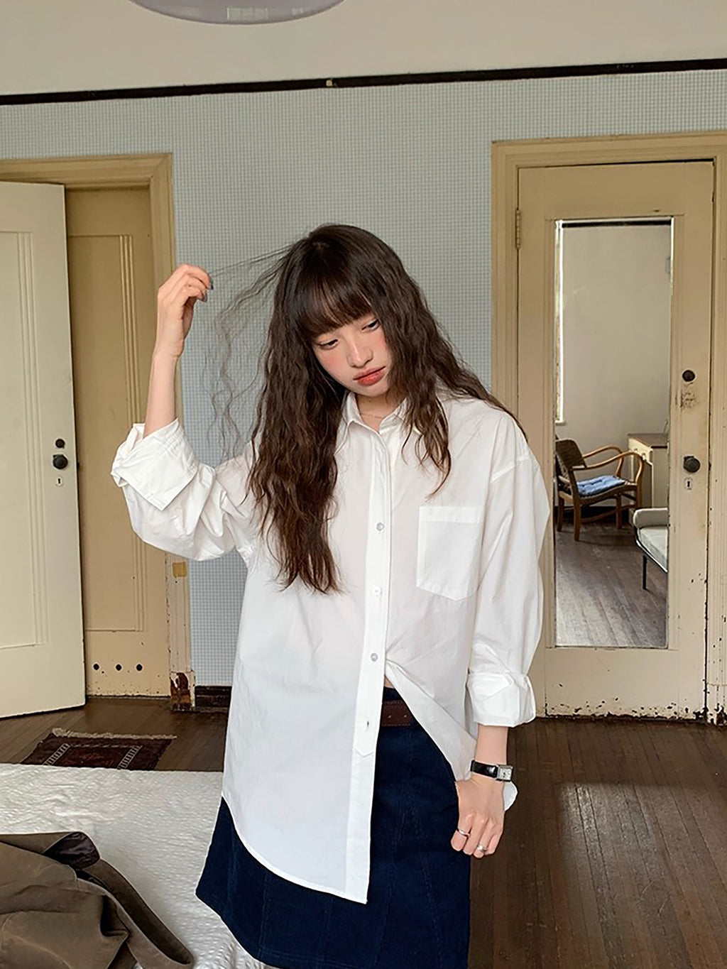 RAINY 经典纯色基础长袖衬衫春秋女翻领2025新款百搭文艺衬衣上衣